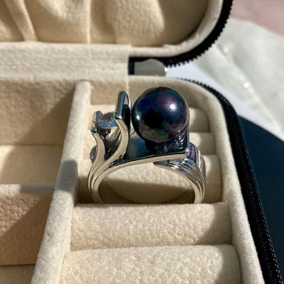 💋Gorgeous Sterling Silver Lux Black Rainbow Iridescent Tahitan Pearl & CZ ring - Picture 12 of 17